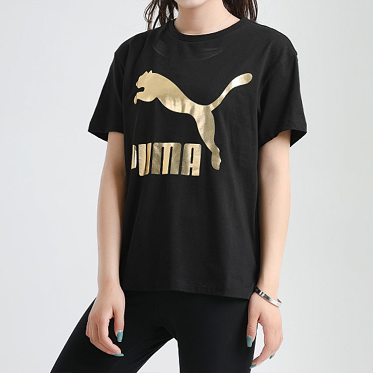 (WMNS) PUMA Classic Logo Printing Round Neck Sports Short Sleeve Black 530005-61