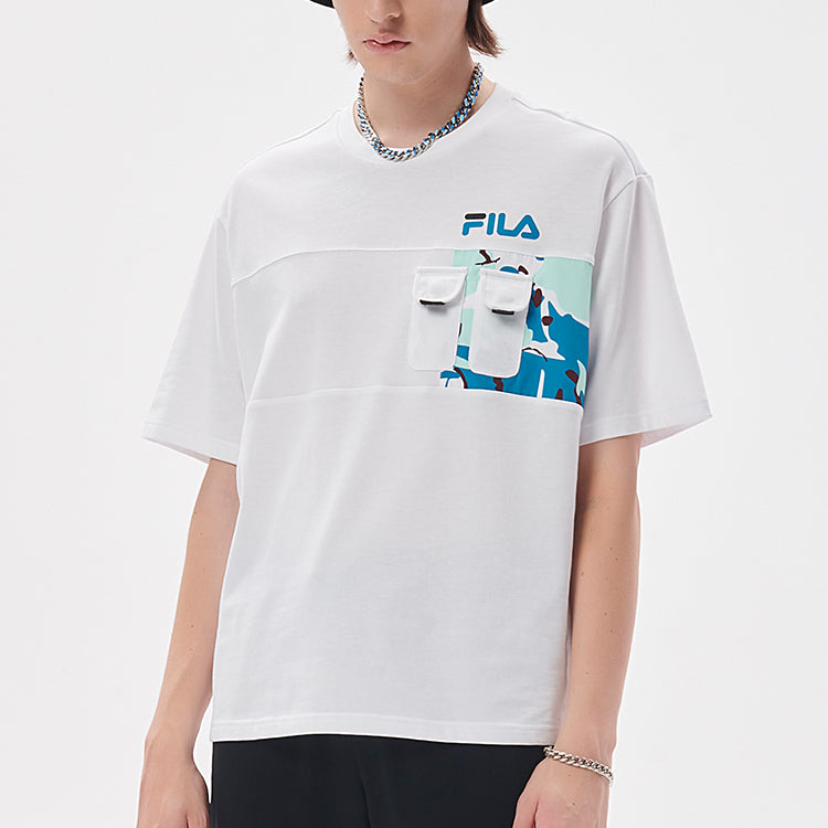 Men's FILA FUSION Pocket Splicing Cartoon Printing Loose Sports Round Neck Short Sleeve White T11M133107F-WT