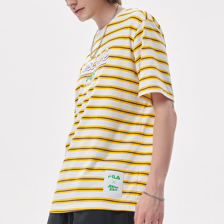 FILA FUSION x Jeremyville Crossover Contrasting Colors Stripe Printing Loose Short Sleeve Couple Style Yellow T11U139108F-WT