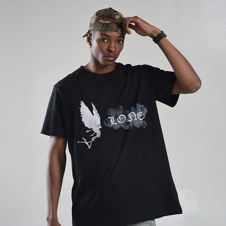 VLONE Smoke Demon Angel Pattern Alphabet Logo Short Sleeve Couple Style Black VLTE2001BK