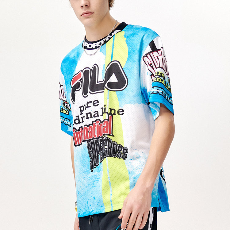 Men's FILA FUSION Full Print Alphabet Pattern Loose Knit Short Sleeve Blue T-Shirt T11M123105F-RB