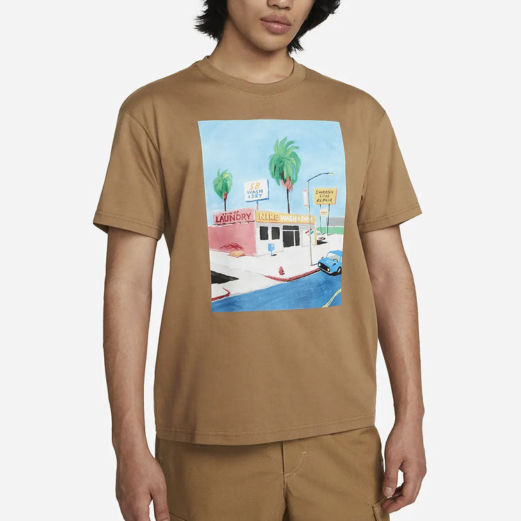 Nike SB Skateboard Cartoon landscape Pattern Skateboard Round Neck Short Sleeve Brown DR7766-258