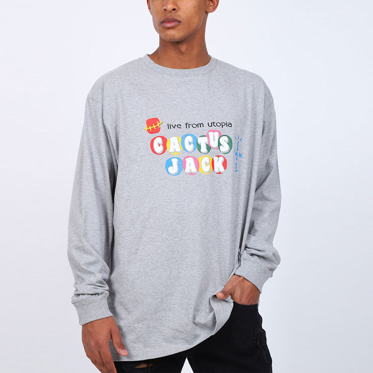 Travis Scott Cactus Jack x McDonald Crossover Chest Alphabet Printing Pattern Long Sleeves Unisex Gray TC-6