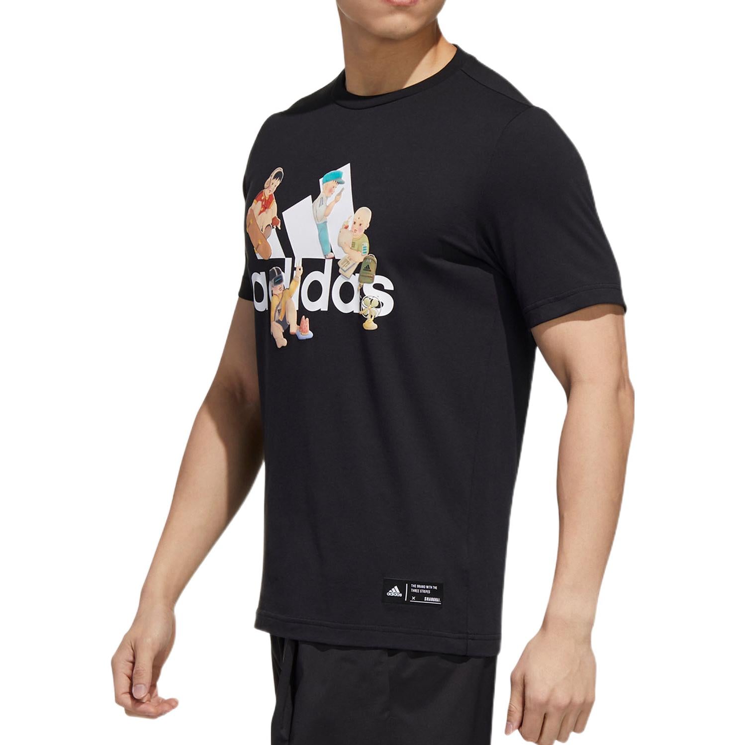 Men's adidas Cartoon Alphabet Logo Printing Round Neck Short Sleeve Black T-Shirt GL0398