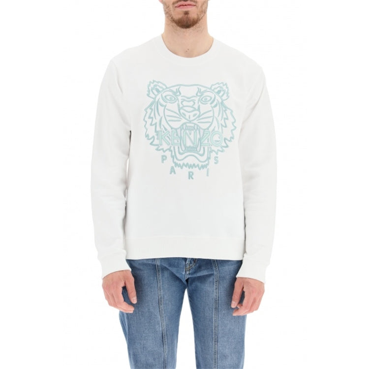 Men's KENZO SS21 TIGER Pattern Round Neck Pullover White FB55SW1204MP-01