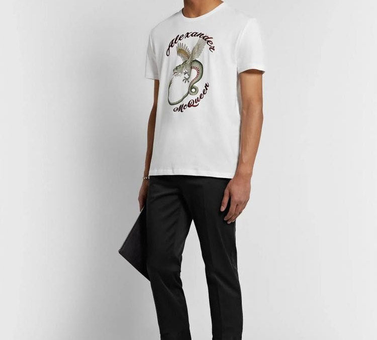 Men's Alexander McQueen Dragon Pattern Short Sleeve White 609578-QOZ92-0900