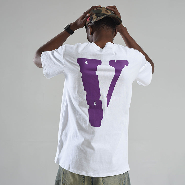 VLONE White Purple Printing Large Logo Short Sleeve Couple Style White VLTE19002
