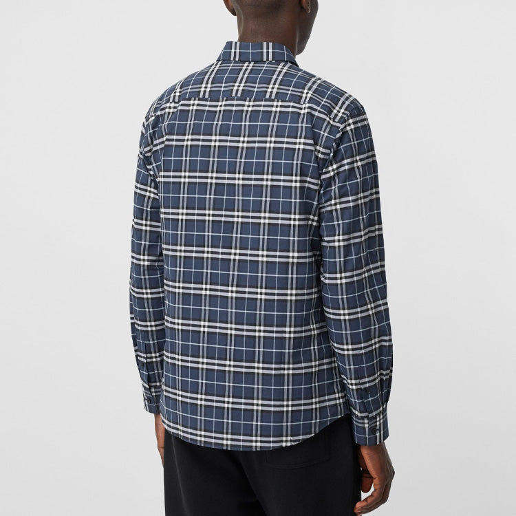 Men's Burberry Plaid Long Sleeves Casual Shirt Navy Blue 80175651