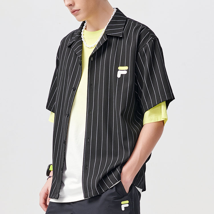 FILA FUSION Cartoon Printing Loose Stripe Short Sleeve Shirt Couple Style Black T11U122401F-BK