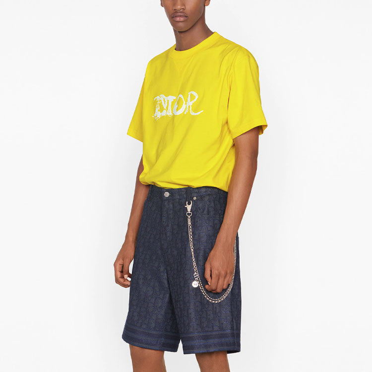 Men's DIOR x PETER DOIG Crossover FW21 Logo Embroidered Round Neck Short Sleeve Yellow T-Shirt 143J685C0677-C270