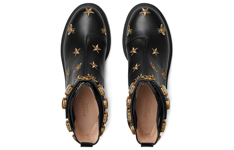 (WMNS) Gucci Stars and Bee Embroidered Leather Ankle Boot With Belt 'Black' 557735-AYO10-1000