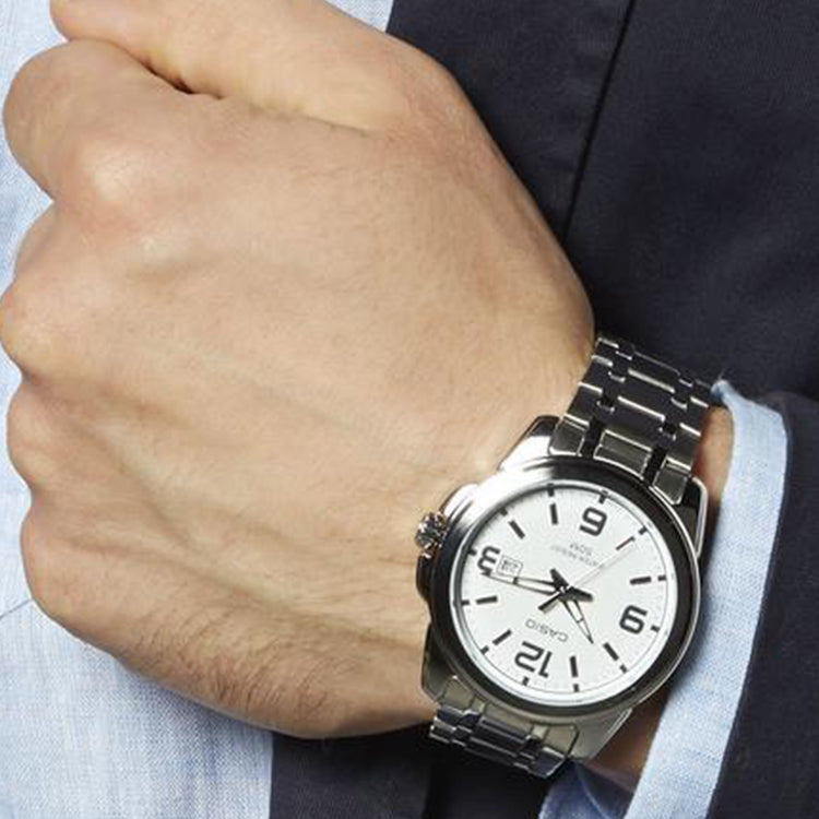 CASIO STANDARD Steel Band Men's White Stainless Steel Strap White Dial Mens White Analog MTP-1314D-7A