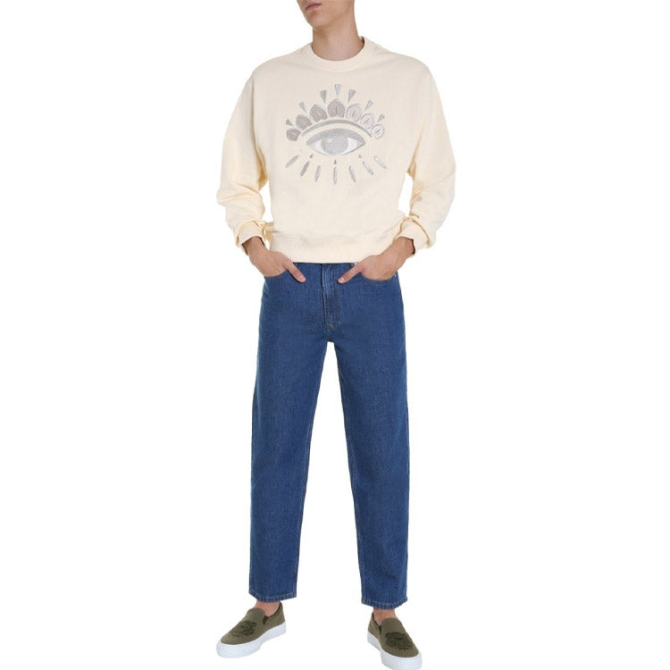 Men's KENZO Embroidered Pattern Round Neck Long Sleeves Sports Cream Yellow FA65SW1144XC-03