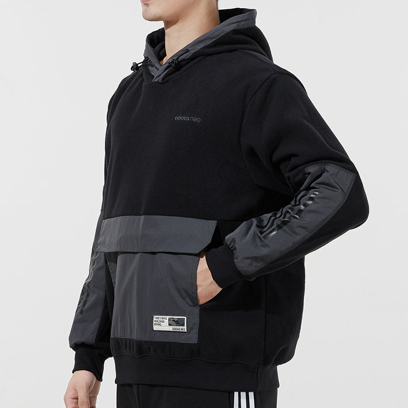 Men's adidas neo Pk Mat Mix Hd Contrast Color Stitching Hooded Pullover Functional Black H45219