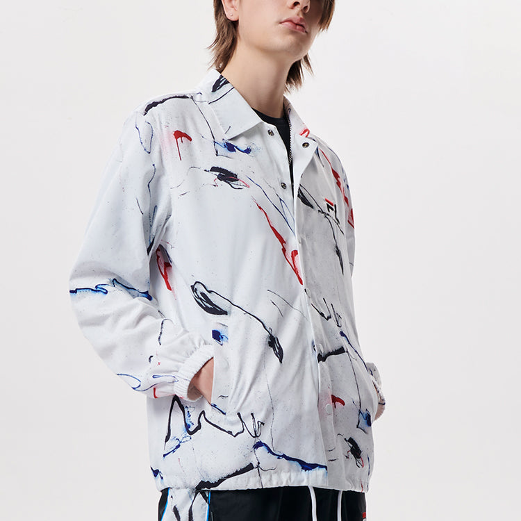 Men's FILA FUSION x FUTURA Crossover Splash Ink Full Print Casual Coach Loose Jacket White T11M138701F-WT
