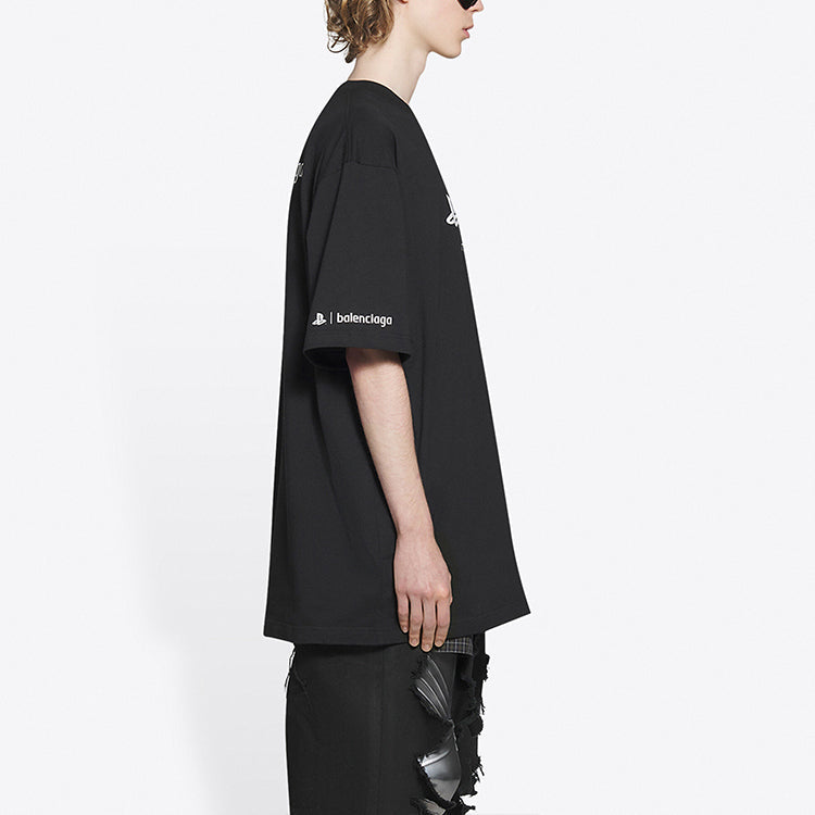Balenciaga x PlayStation Crossover Ps5 Alphabet Geometry Pattern Printing Short Sleeve Unisex Black 651795TKVF31070