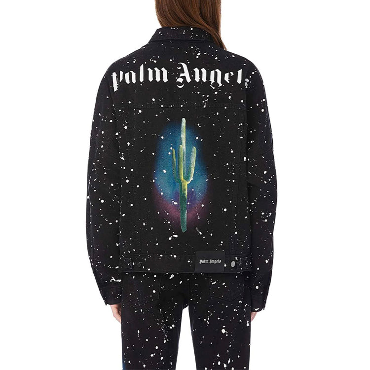 Men's Yellow PALM ANGELS Splash Ink Pink Embroidered Denim Jacket Black PMYE006E20DEN0011055