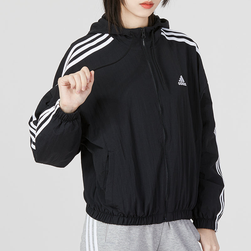 (WMNS) adidas Essentials 3-Stripes Woven Windbreaker Asia Sizing 'Black White' HT3399