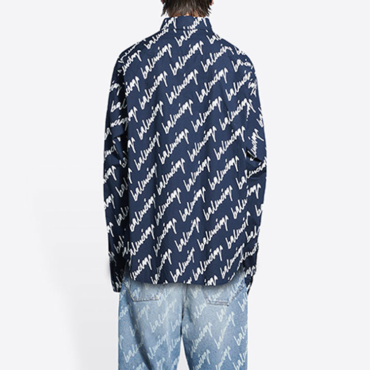 Balenciaga Scribble Logo Short Sleeve Shirt Large Fit 'Midnight Blue' 662983TLLJ48502