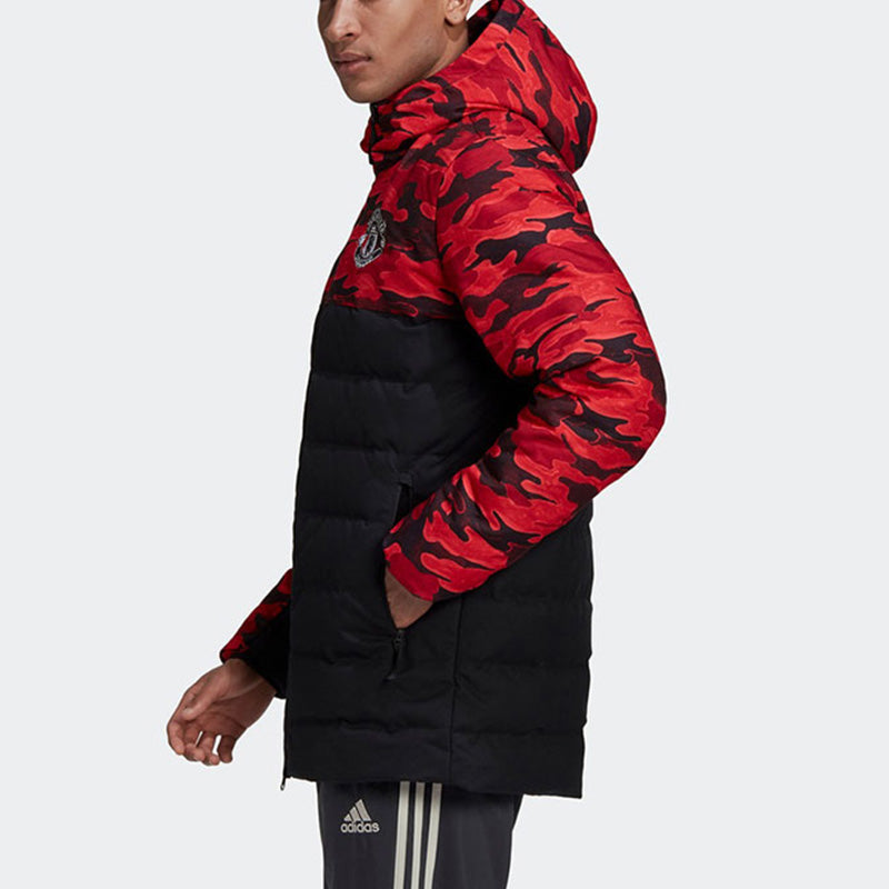 adidas Mufc Manchester United Camouflage Colorblock Sports hooded down Jacket Black Red FR3871