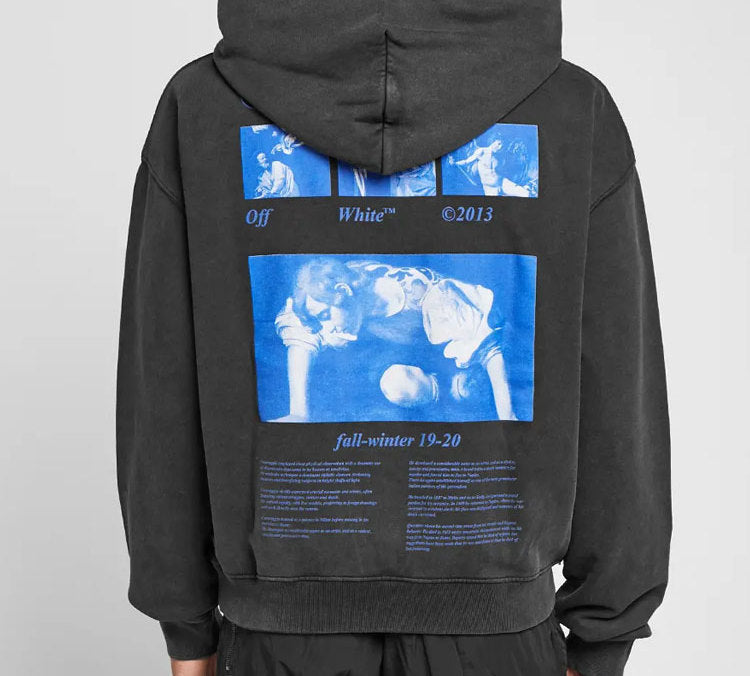 Men's Off-White Graphic Printed Drawstring Printing Hooded Long Sleeves Dark Grey OMBB037F19E300091030