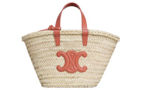 CELINE Triomphe Palm Leaf Cow Leather Patchwork Tote Bag Shopping Bag Basket Handbag Women's Red Brown/Natural