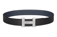 HERMES Constance Silver Buckle Togo Calfskin Double-Sided Leather Belt Unisex Black/Blue Width: 3.8cm