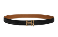 HERMES Interwoven Double H Styling Smooth Buckle Leather Belts Women's Black/Brown Width: 2.4cm