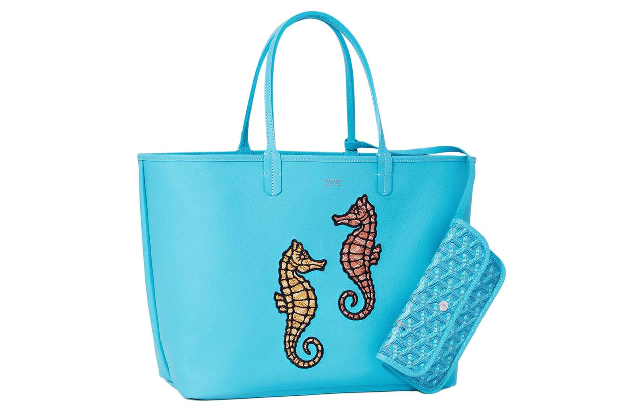 GOYARD Anjou Canvas With Leather Combo Bag Tote Shoulder Bags Handbags Small Size Women's Turquoise Blue