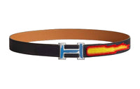 HERMES Embroidered With Dazzling Flame Smooth Buckle Leather Belts Men's Black/Brown Width: 3.2CM