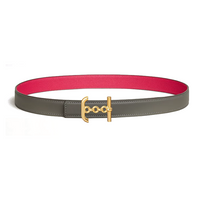 HERMES Calfskin, Gold Plated Leather Belts Women's Gray/Rose Width 2.4CM