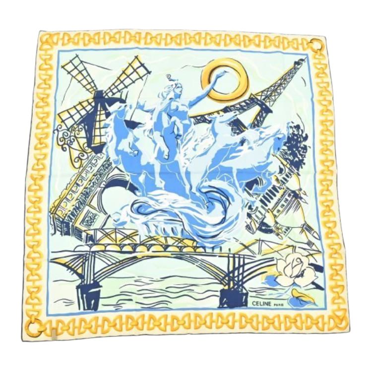 CELINE 100% Silk Scarves Women's Blue