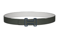 HERMES Indigo Buckle Epsom Calfskin Double-Sided Leather Belt Men's Gray Green/White Width: 3.2cm