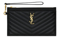 SAINT LAURENT CASSANDRE Sheepskin Wrist Bag Clutch Large Size Women's Black