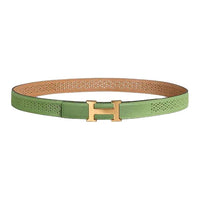 HERMES Metal Gold-Plated Calfskin Leather Belts Women's Green Width 2.4CM