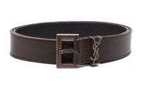 SAINT LAURENT Logo Emblem Pin Buckle Calfskin Leather Belts Men's Brown Width: 3cm