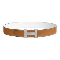 HERMES Calfskin Metal Palladium Leather Belts Men's Brown/White Width: 3.8CM