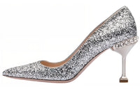 MIU MIU Glitter Pumps Flared Heel High Heels 5cm Women's Silver