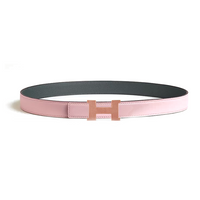HERMES Calfskin Palladium-Plated Leather Belts Women's Pink/Black Width 2.4CM