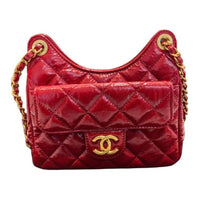 CHANEL Waxed Leather Hobo Bag Shoulder Bag Small Size Women's Red