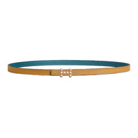 HERMES Rose Gold Plated Leather Belts Unisex Denim Blue/Cookie Color Width 1.3cm
