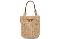 PRADA Fiber Patchwork Leather One Shoulder Handbags Women's Beige Patchwork Cognac