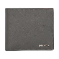 PRADA Saffiano Cow Leather Wallet Men's Light Gray With Caramel Accents
