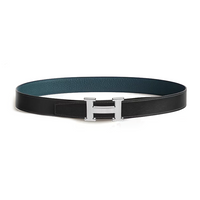 HERMES Calfskin Palladium-Plated Leather Belts Women's Black/Dark Blue Width: 3.2CM