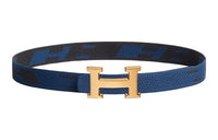 HERMES Letter Light Gold Buckle Nylon Mesh Double-Sided Belt Men's Blue Width: 3.2cm