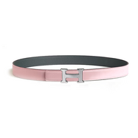 HERMES Calfskin Palladium-Plated Leather Belts Women's Pink/Black Width 2.4CM