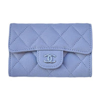 CHANEL Fish Paste Cow Leather Card Holder Women's Gray Blue