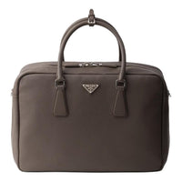 PRADA Vitello Dino Leather Portable One Shoulder Crossbody Briefcases Men's Gray Brown