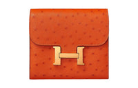HERMES Ostrich Leather Wallet Women's 5K Tangerine Orange Red