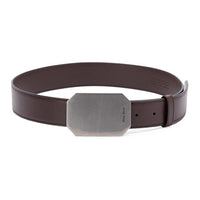 MIU MIU Badge Design Calfskin Leather Belts Women's Dark Brown Width 3.5CM